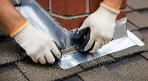 A homeowner in work gloves uses a ladder to inspect and clean roof gutters on a suburban house.