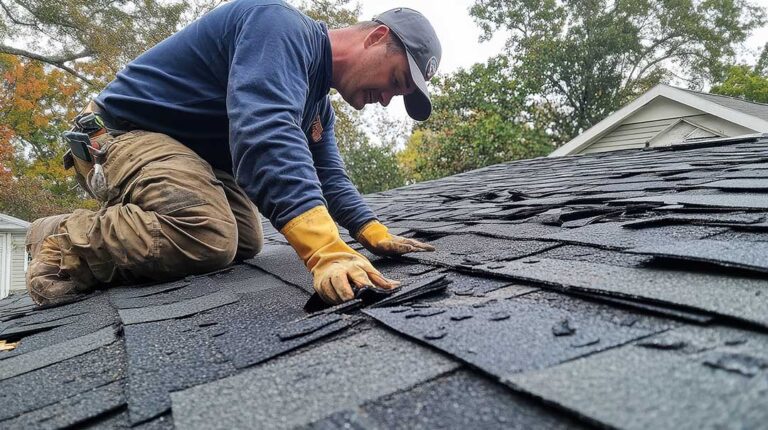 A homeowner reviews a written roof repair estimate with a roofing inspector beside a house.