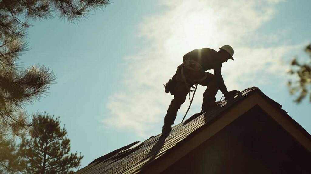 Attic insulation beneath a roof deck while rain falls over shingles above a residential ceiling.